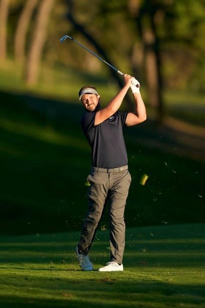 Jean-Baptiste Gonnet of France plays a shot during Day Two of The Open de Espana at Club de Campo Villa de Madrid on October 08, 2021 in Madrid,...