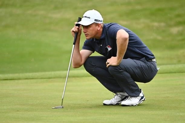 Adam Long lines up his putt on the second hole during round two of the Shriners Children's Open at TPC Summerlin on October 08, 2021 in Las Vegas,...
