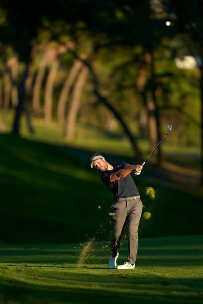 Jean-Baptiste Gonnet of France plays a shot during Day Two of The Open de Espana at Club de Campo Villa de Madrid on October 08, 2021 in Madrid,...