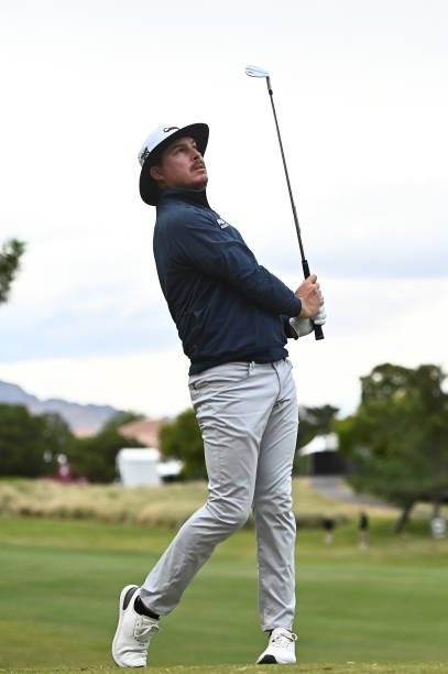 Joel Dahmen hits an approach shot on the first hole during round two of the Shriners Children's Open at TPC Summerlin on October 08, 2021 in Las...