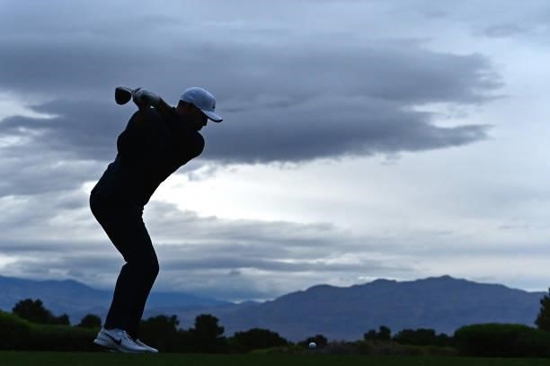 Brooks Koepka hits his tee shot on the 10th hole during round two of the Shriners Children's Open at TPC Summerlin on October 08, 2021 in Las Vegas,...