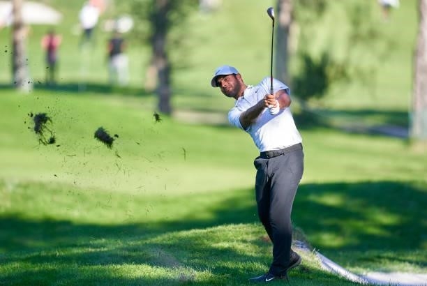 Shubhankar Sharma of India plays a shot during Day Two of The Open de Espana at Club de Campo Villa de Madrid on October 08, 2021 in Madrid, Spain.