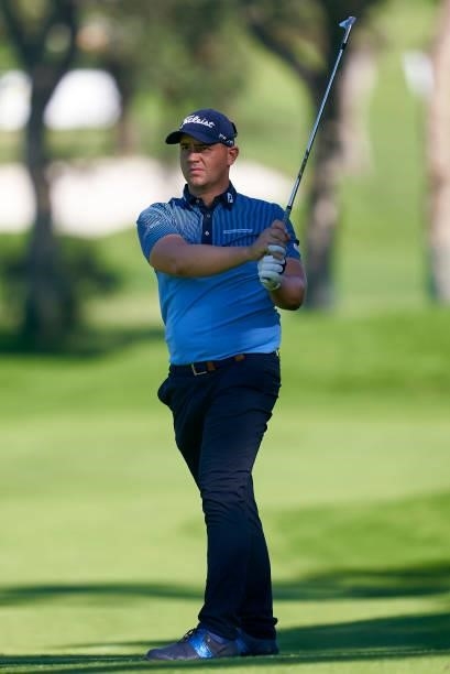 Daniel Van Tonder of South Africa plays a shot during Day Two of The Open de Espana at Club de Campo Villa de Madrid on October 08, 2021 in Madrid,...