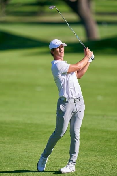 Thorbjorn Olesen of Dennmark plays a shot during Day Two of The Open de Espana at Club de Campo Villa de Madrid on October 08, 2021 in Madrid, Spain.