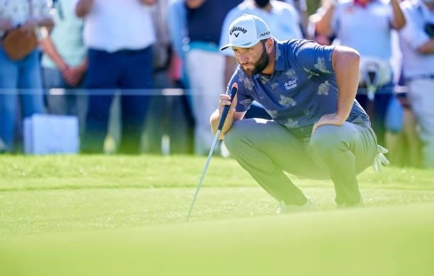 Jon Rahm of Spain studies his shot during Day Two of The Open de Espana at Club de Campo Villa de Madrid on October 08, 2021 in Madrid, Spain.