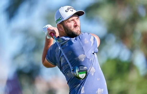 Jon Rahm of Spain plays a shot during Day Two of The Open de Espana at Club de Campo Villa de Madrid on October 08, 2021 in Madrid, Spain.