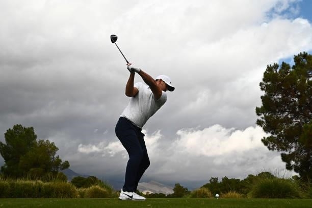 Brooks Koepka hits his tee shot on the ninth hole during round two of the Shriners Children's Open at TPC Summerlin on October 08, 2021 in Las Vegas,...