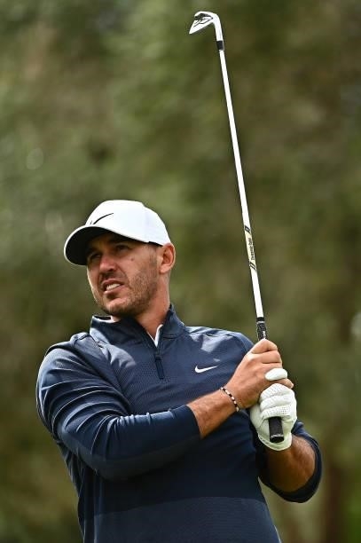 Brooks Koepka hits his tee shot on the eighth hole during round two of the Shriners Children's Open at TPC Summerlin on October 08, 2021 in Las...