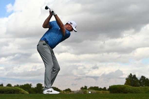 Jason Kokrak hits his tee shot on the 10th hole during round two of the Shriners Children's Open at TPC Summerlin on October 08, 2021 in Las Vegas,...