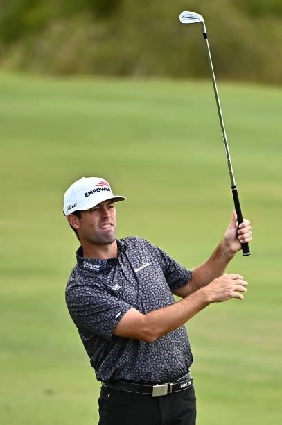 Robert Streb hits his second shot on the 18th hole during round two of the Shriners Children's Open at TPC Summerlin on October 08, 2021 in Las...