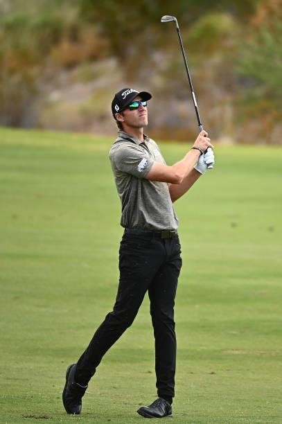 Richy Werenski hits his second shot on the 18th hole during round two of the Shriners Children's Open at TPC Summerlin on October 08, 2021 in Las...