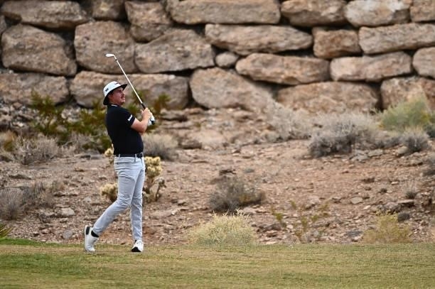 Joel Dahmen hits his second shot on the 18th hole during round two of the Shriners Children's Open at TPC Summerlin on October 08, 2021 in Las Vegas,...