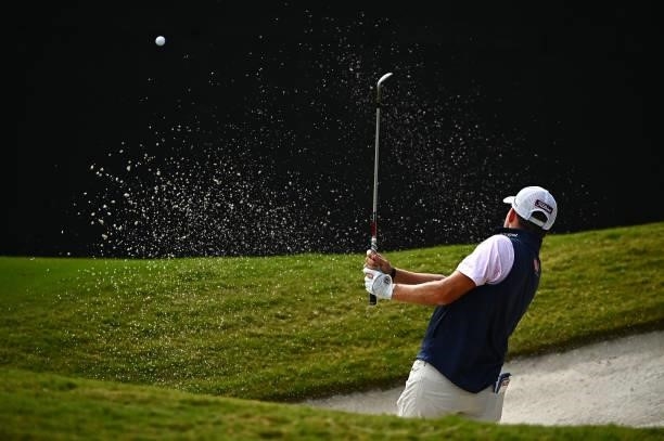 Lee Hodges hits from the bunker on the 18th hole during round two of the Shriners Children's Open at TPC Summerlin on October 08, 2021 in Las Vegas,...