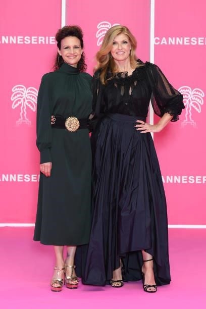 Carla Gugino and Connie Britton attend the opening ceremony during the 4th Canneseries Festival on October 08, 2021 in Cannes, France.