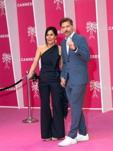 Nukaaka Coster-Waldau and Nikolaj Coster-Waldau attend the opening ceremony of the 4th Canneseries Festival on October 08, 2021 in Cannes, France.