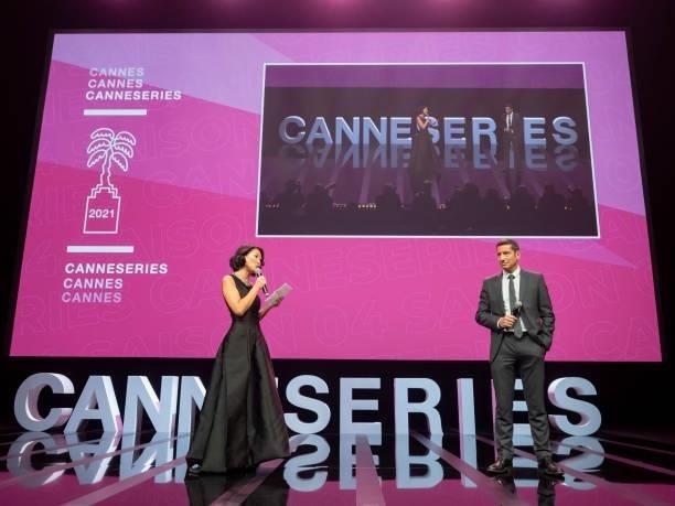 Fleur Pellerin and David Lisnard attend the opening ceremony of the 4th Canneseries Festival on October 08, 2021 in Cannes, France.