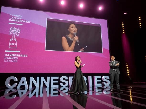 Fleur Pellerin and David Lisnard attends the opening ceremony during the 4th Canneseries Festival on October 08, 2021 in Cannes, France.