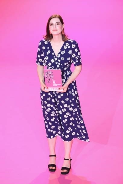 Laurie Nunn stands after she received the Canneseries Prix de l'engagement during the opening ceremony during the 4th Canneseries Festival on October...