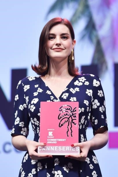 Laurie Nunn stands after she received the Canneseries Prix de l'engagement during the opening ceremony during the 4th Canneseries Festival on October...