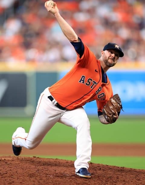 Ryan Pressly of the Houston Astros pitches during the 8th inning of Game 2 of the American League Division Series against the Chicago White Sox at...