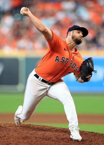 Kendall Graveman of the Houston Astros pitches during the 9th inning of Game 2 of the American League Division Series against the Chicago White Sox...