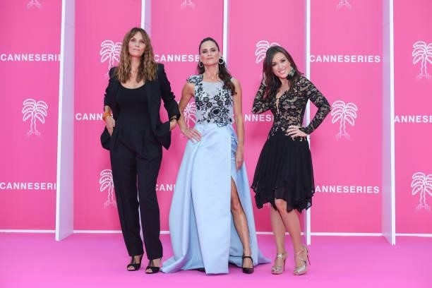 Cathy Andrieu, Carole Dechantre and Elsa Esnoult attend the opening ceremony during the 4th Canneseries Festival on October 08, 2021 in Cannes,...