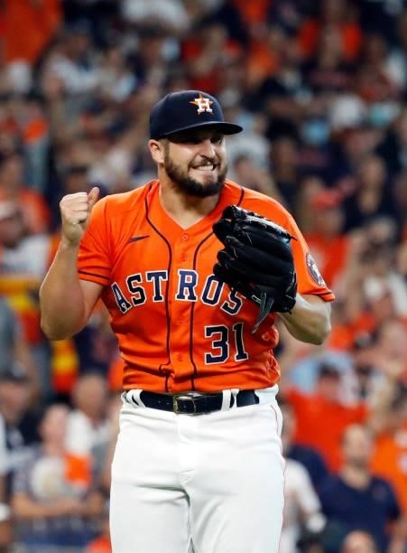 Closing pitcher Kendall Graveman of the Houston Astros reacts after the final out as the Astros defeat the Chicago White Sox 9-4 to win Game 2 of the...