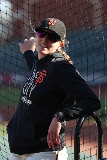 Alyssa Nakken of the San Francisco Giants looks on prior to Game 1 of the National League Division Series against the Los Angeles Dodgers at Oracle...