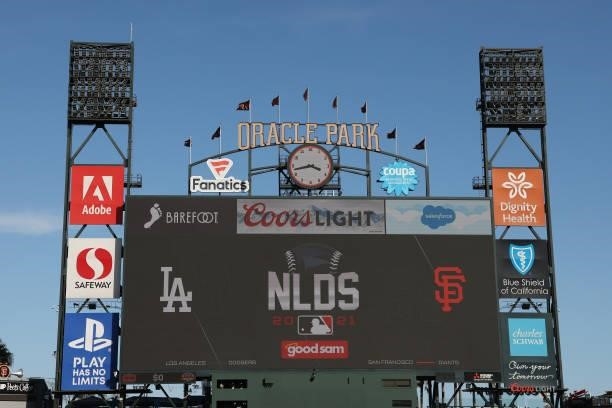 General view of the scoreboard prior to Game 1 of the National League Division Series between the San Francisco Giants and the Los Angeles Dodgers at...