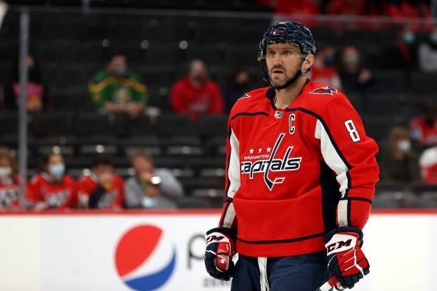 Alex Ovechkin of the Washington Capitals skates on the ice in the first period of a preseason game against the Philadelphia Flyers at Capital One...