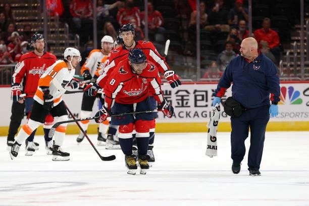 Alex Ovechkin of the Washington Capitals skates off the against the Philadelphia Flyers in the first period of a preseason game at Capital One Arena...