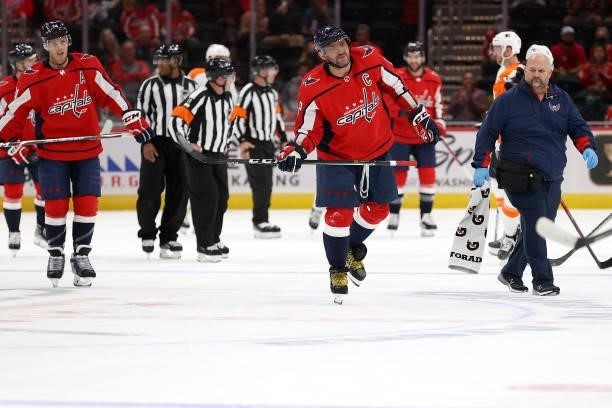 Alex Ovechkin of the Washington Capitals skates off the against the Philadelphia Flyers in the first period of a preseason game at Capital One Arena...