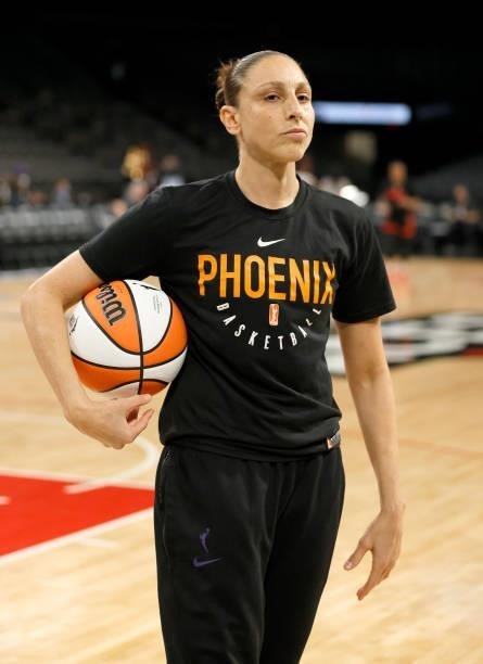 Diana Taurasi of the Phoenix Mercury warms up before Game Five of the 2021 WNBA Playoffs semifinals against the Las Vegas Aces at Michelob ULTRA...