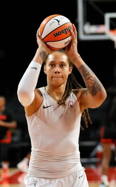 Brittney Griner of the Phoenix Mercury warms up before Game Five of the 2021 WNBA Playoffs semifinals against the Las Vegas Aces at Michelob ULTRA...