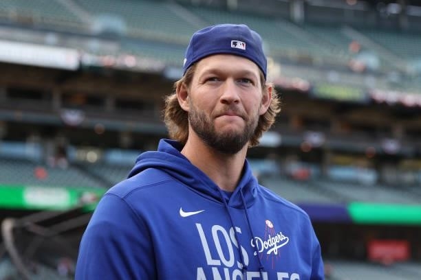Clayton Kershaw of the Los Angeles Dodgers looks on prior to Game 1 of the National League Division Series against the San Francisco Giants at Oracle...