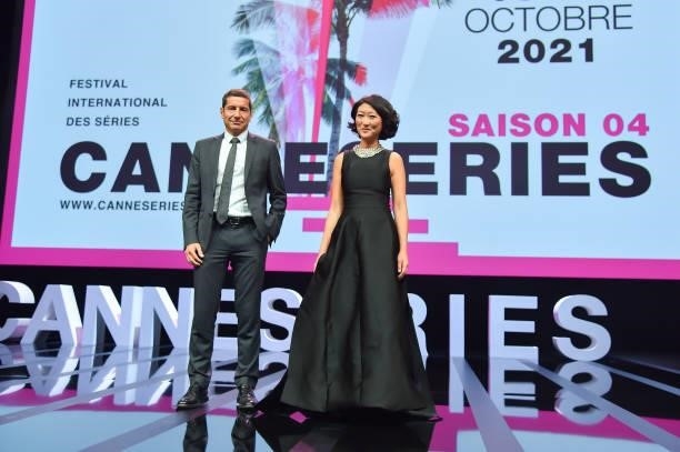David Lisnard and Fleur Pellerin attend the opening ceremony during the 4th Canneseries Festival on October 08, 2021 in Cannes, France.