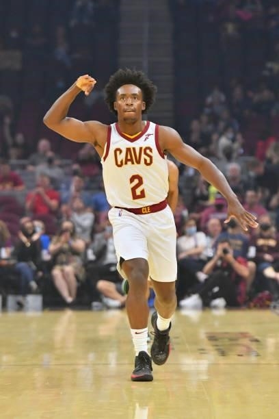 Collin Sexton of the Cleveland Cavaliers celebrates after scoring during the first quarter against the Indiana Pacers at Rocket Mortgage Fieldhouse...