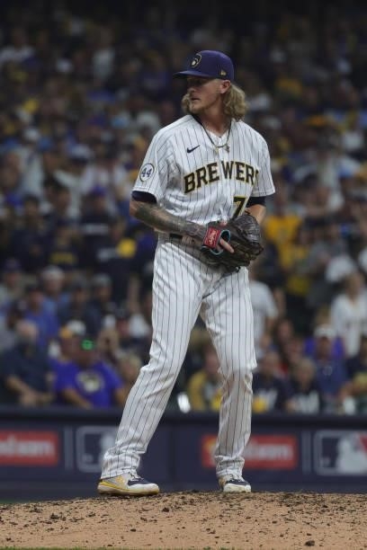 Josh Hader of the Milwaukee Brewers pitches in the seventh inning during game 1 of the National League Division Series against the Atlanta Braves at...
