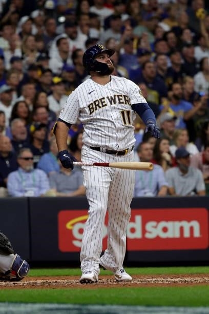Rowdy Tellez of the Milwaukee Brewers hits a two run home run in the seventh inning during game 1 of the National League Division Series against the...