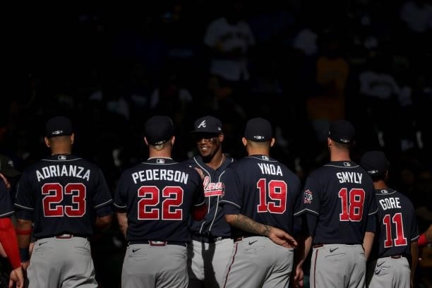 Jorge Soler of the Atlanta Braves walks on the field during pre-game ceremonies before the game 1 of the National League Division Series against the...