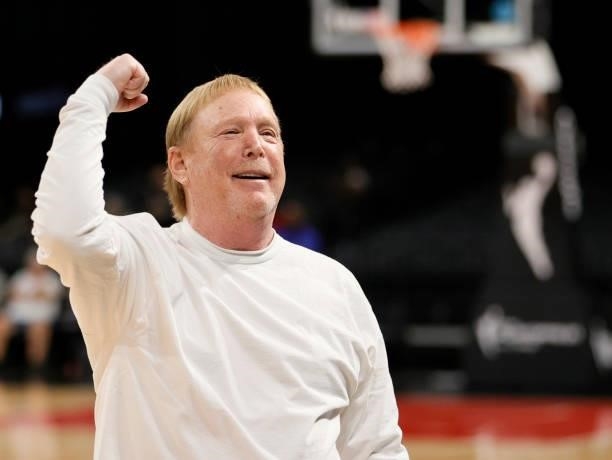 Las Vegas Raiders owner and managing general partner and Las Vegas Aces owner Mark Davis reacts as he arrives at Game Five of the 2021 WNBA Playoffs...