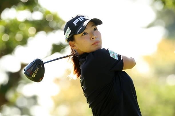 Hinako Shibuno of Japan hits her tee shot on the 2nd hole during the second round of the Stanley Ladies at Tomei Country Club on October 9, 2021 in...