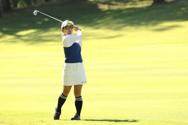 Chie Arimura of Japan hits her second shot on the 2nd hole during the second round of the Stanley Ladies at Tomei Country Club on October 9, 2021 in...