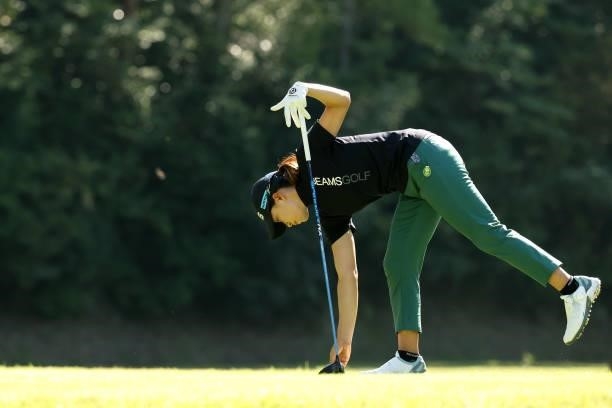 Hinako Shibuno of Japan places the ball before her tee shot on the 3rd hole during the second round of the Stanley Ladies at Tomei Country Club on...