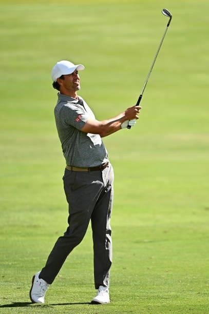 Adam Scott hits his second shot on the seventh hole during round two of the Shriners Children's Open at TPC Summerlin on October 08, 2021 in Las...