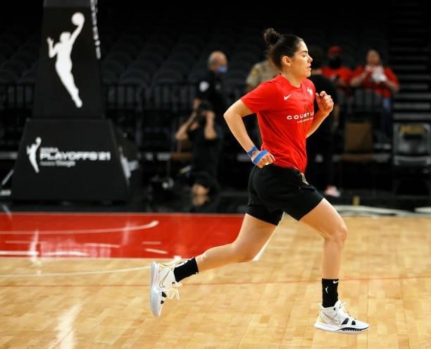 Kelsey Plum of the Las Vegas Aces warms up before Game Five of the 2021 WNBA Playoffs semifinals against the Phoenix Mercury at Michelob ULTRA Arena...