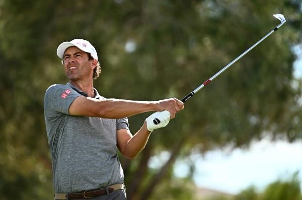 Adam Scott hits his tee shot on the eighth hole during round two of the Shriners Children's Open at TPC Summerlin on October 08, 2021 in Las Vegas,...
