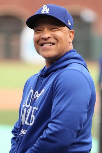 Manager Dave Roberts of the Los Angeles Dodgers looks on prior to Game 1 of the National League Division Series against the San Francisco Giants at...