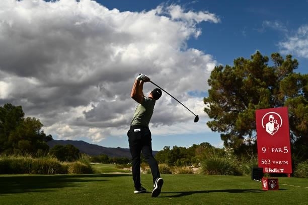 Viktor Hovland hits his tee shot on the ninth hole during round two of the Shriners Children's Open at TPC Summerlin on October 08, 2021 in Las...