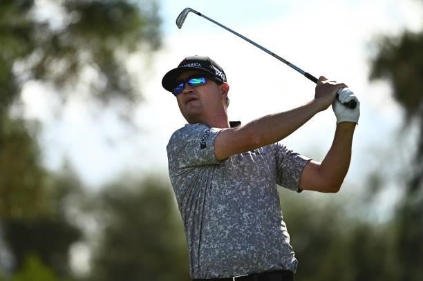 Zach Johnson hits his tee shot on the eighth hole during round two of the Shriners Children's Open at TPC Summerlin on October 08, 2021 in Las Vegas,...
